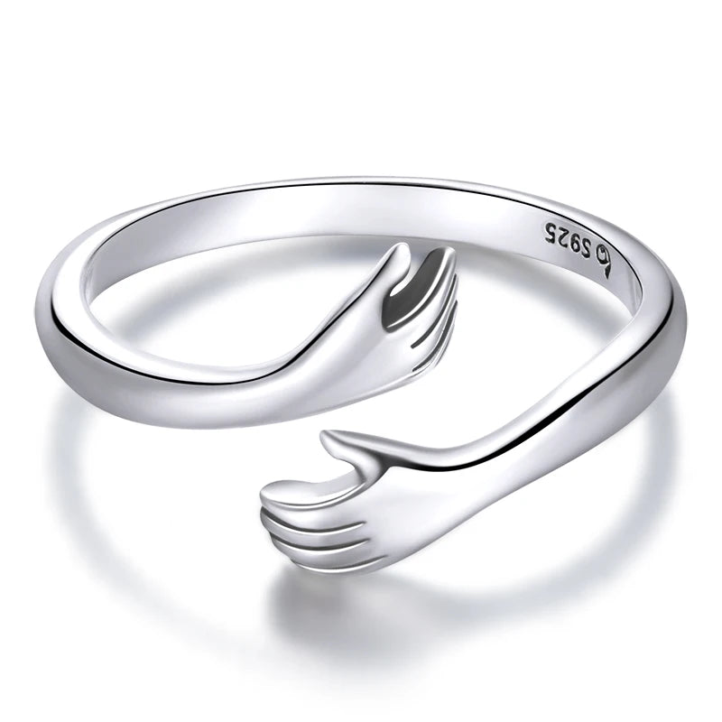 WOSTU 925 Sterling Silver Hug Hands Ring Simple Design Finger Ring For Women Elegant Silver Jewelry CTR176