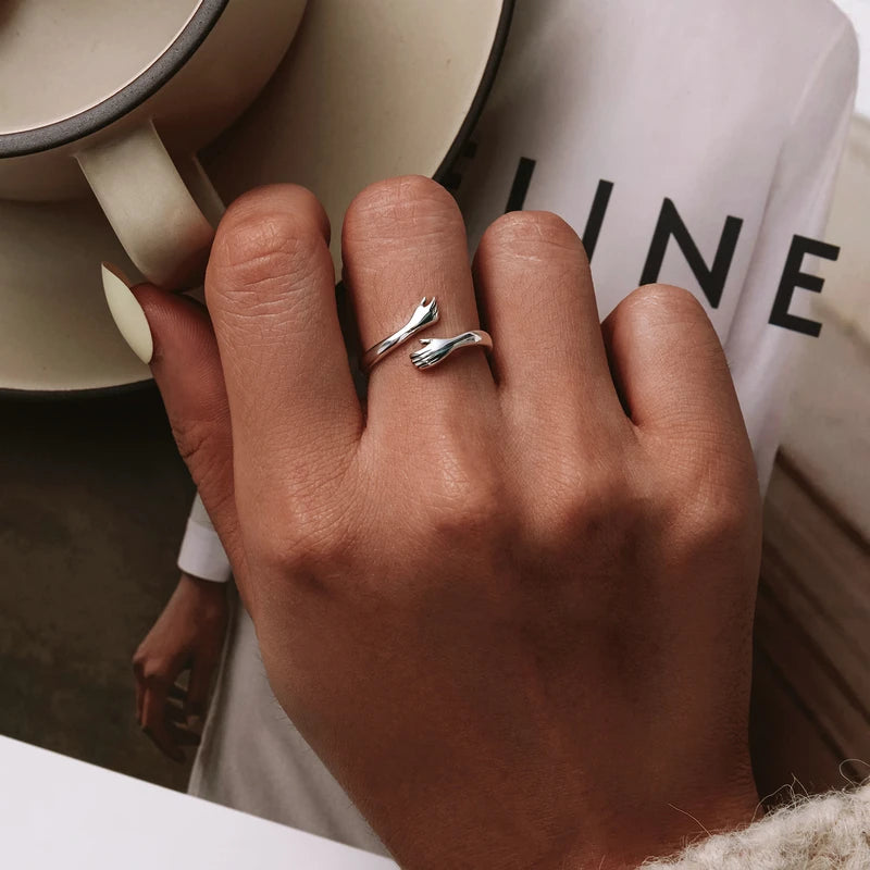 WOSTU 925 Sterling Silver Hug Hands Ring Simple Design Finger Ring For Women Elegant Silver Jewelry CTR176