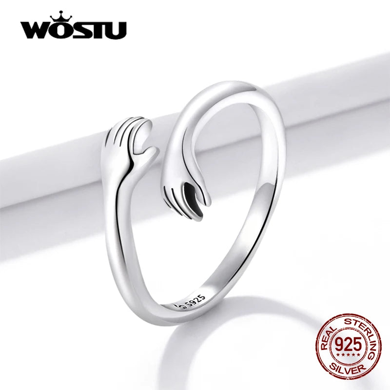 WOSTU 925 Sterling Silver Hug Hands Ring Simple Design Finger Ring For Women Elegant Silver Jewelry CTR176