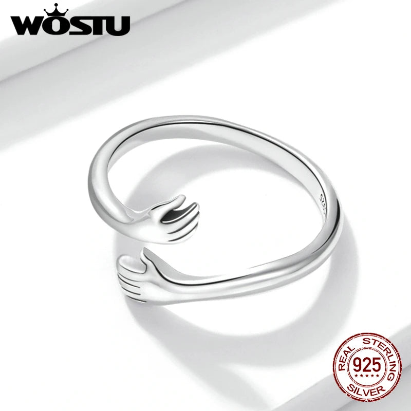 WOSTU 925 Sterling Silver Hug Hands Ring Simple Design Finger Ring For Women Elegant Silver Jewelry CTR176
