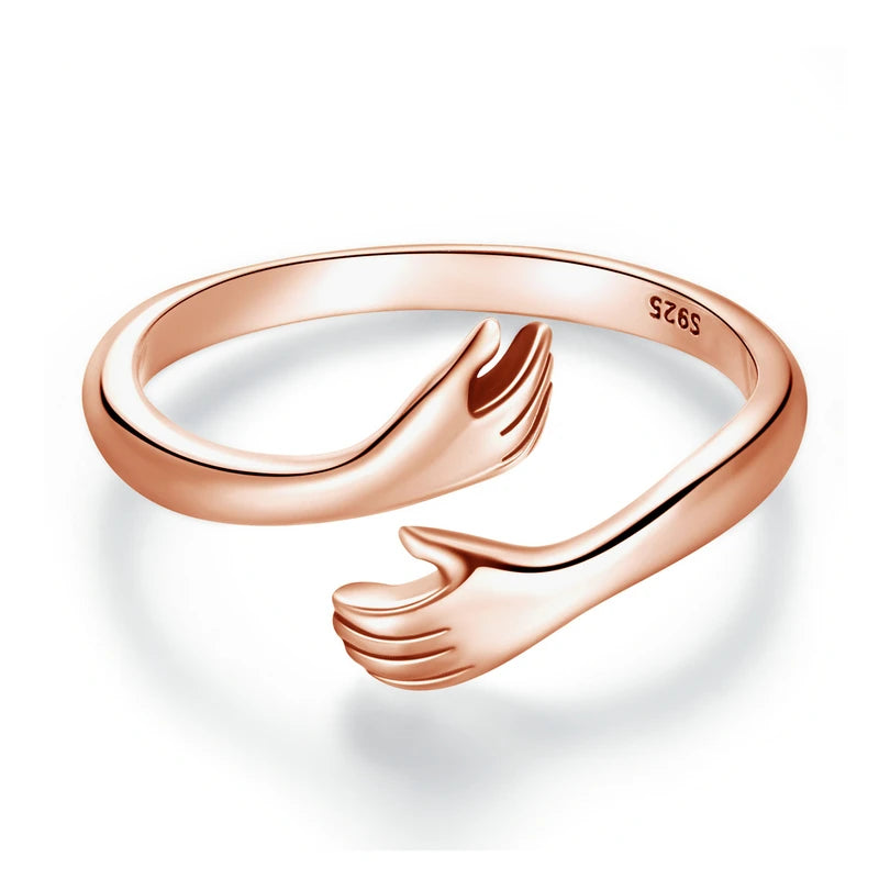 WOSTU 925 Sterling Silver Hug Hands Ring Simple Design Finger Ring For Women Elegant Silver Jewelry CTR176